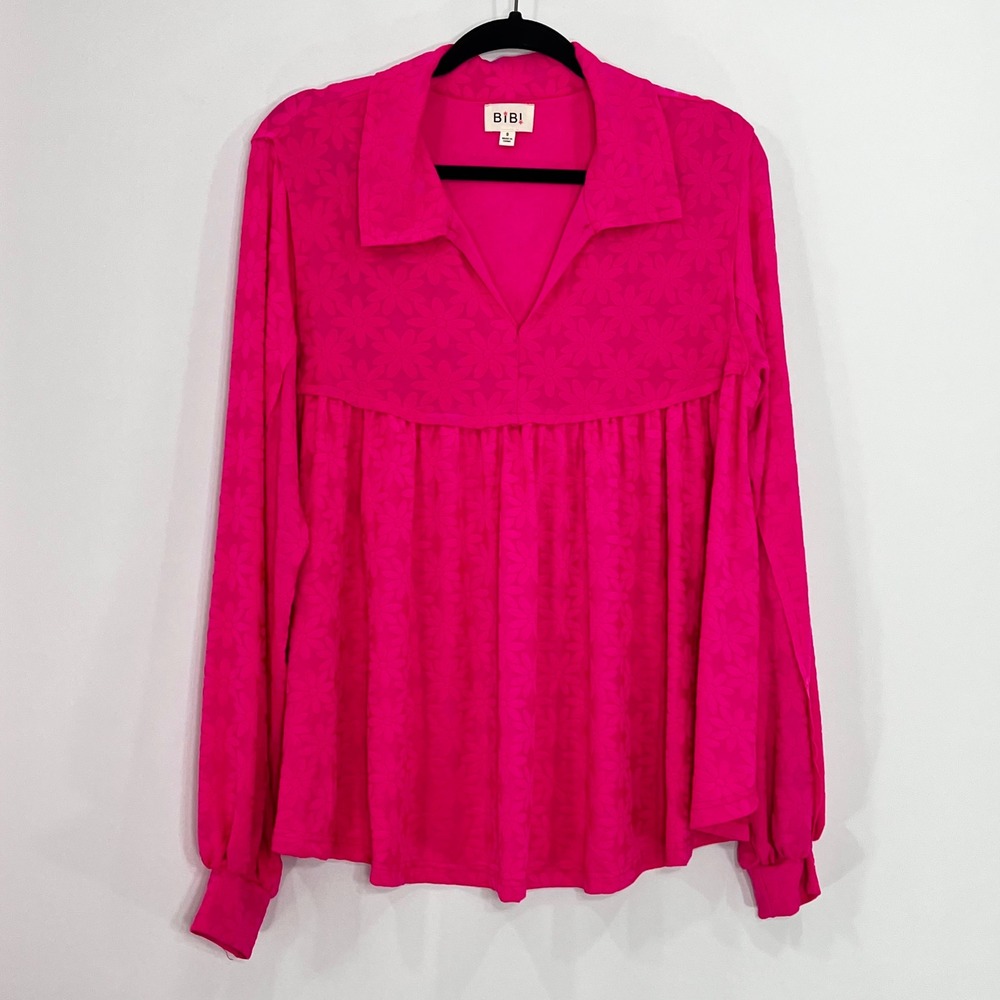 BIBI Womens Magenta Pink Floral Burnout Jacquard Babydoll Blouse IT1605S-02 S